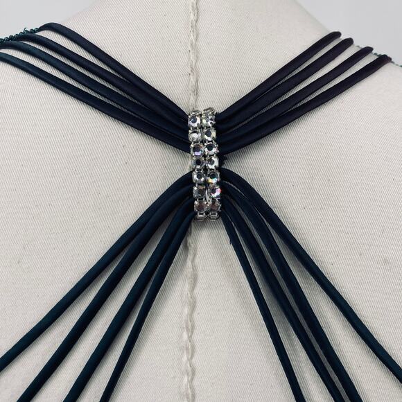 Vintage 90s Velvet Column Gown Sequin Halter Neck Strappy Back Teal Green 2 - Picture 10 of 14